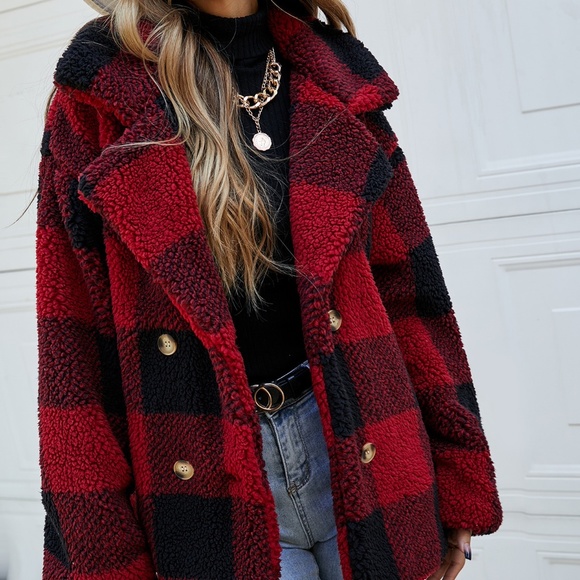 Red Black Plaid Teddy Button Minimalist Jacket Coat - Picture 2 of 4